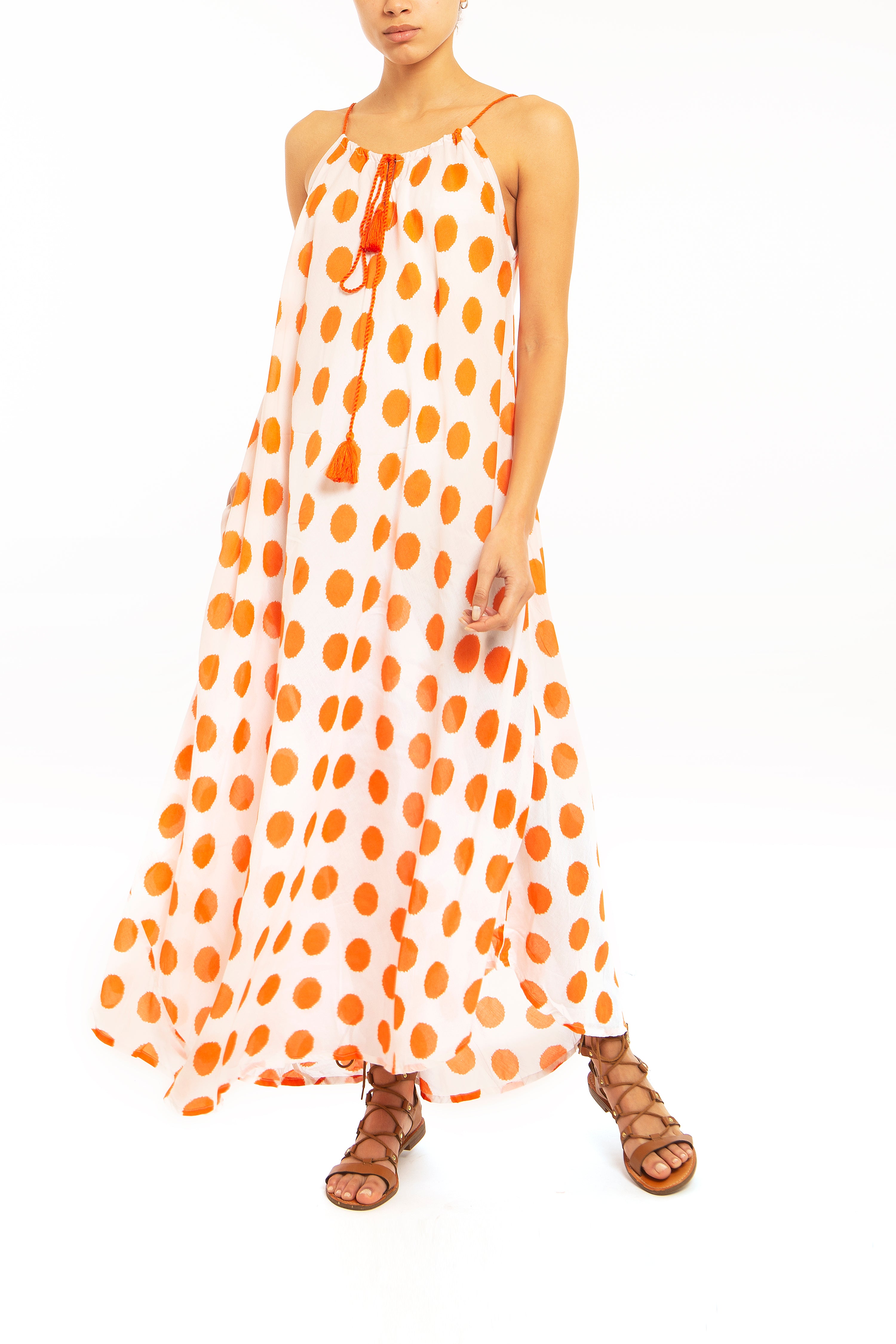 sundress, one size fits all, adjustable straps, orange polkadot