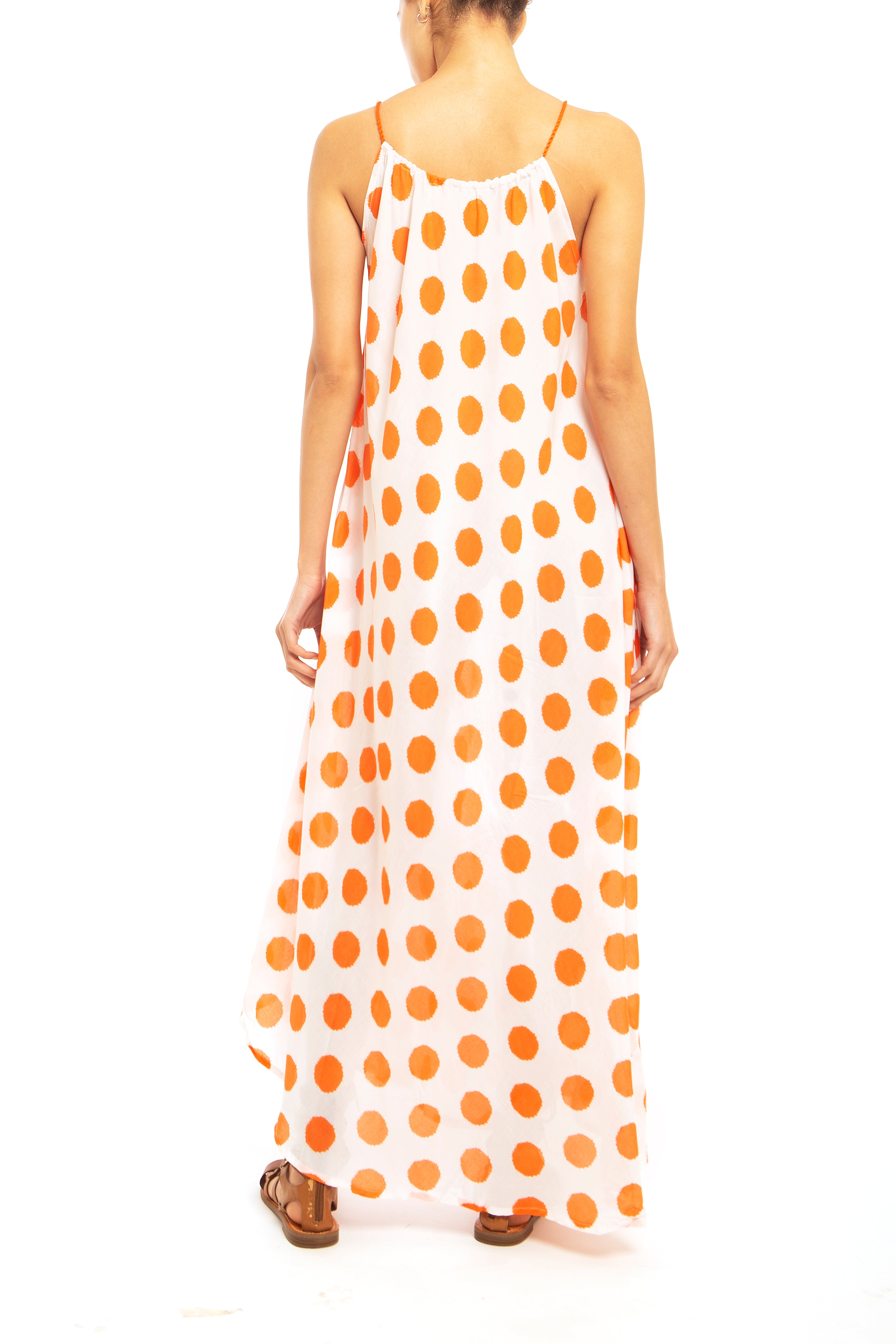 sundress, one size fits all, adjustable straps, orange polkadot