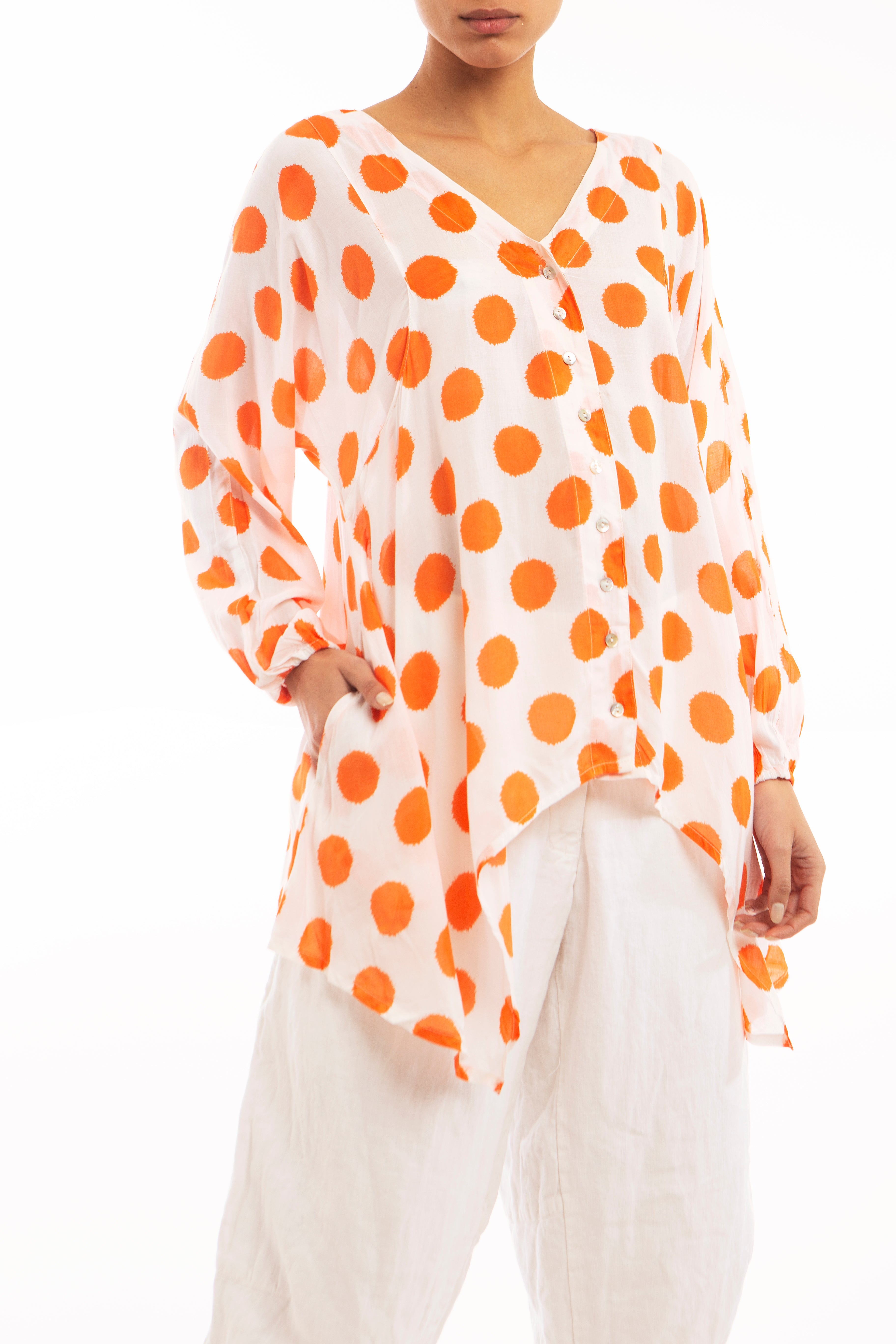 shirt with tails, one size fits all, orange polkadot