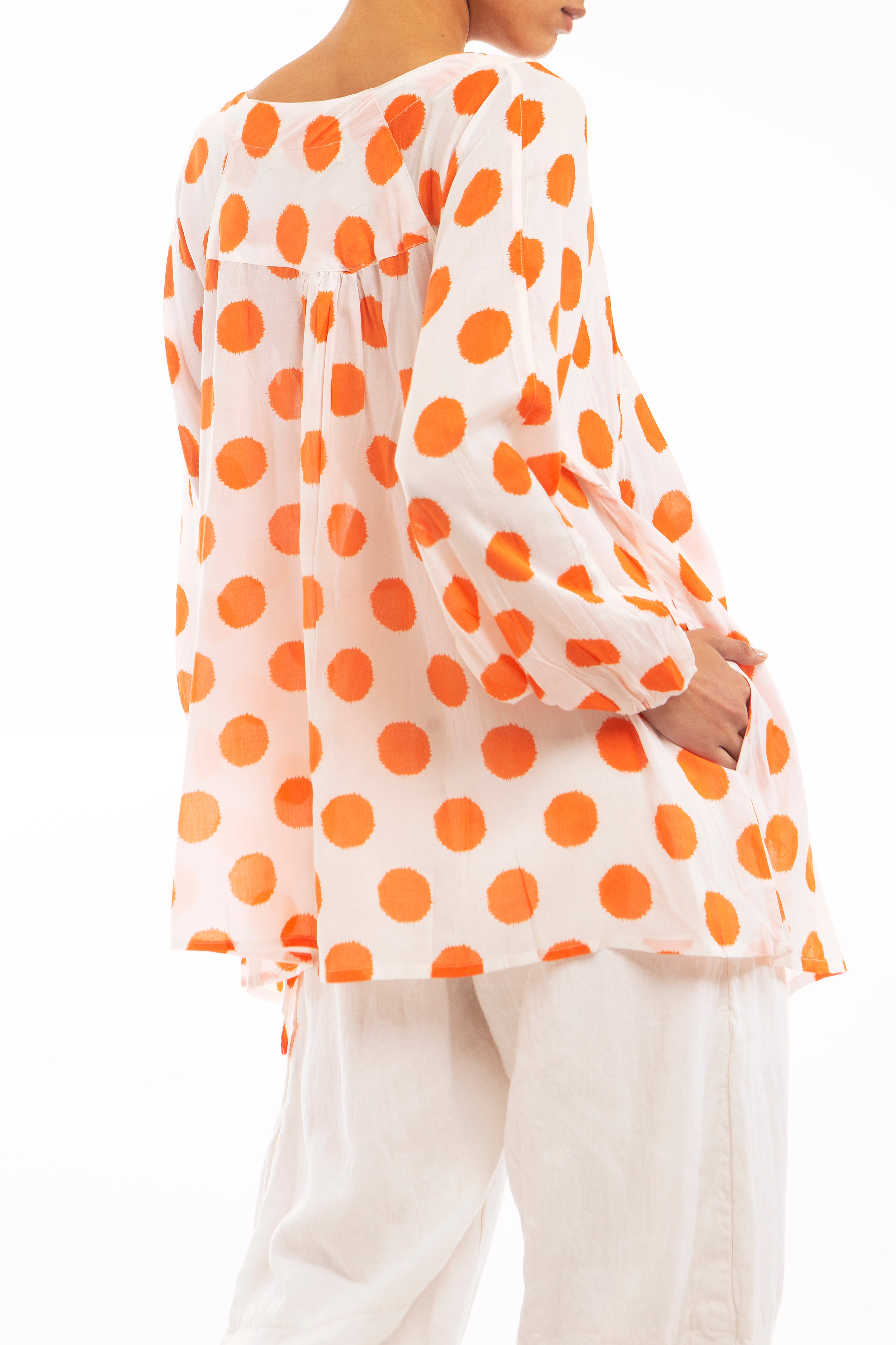 shirt with tails, one size fits all, orange polkadot