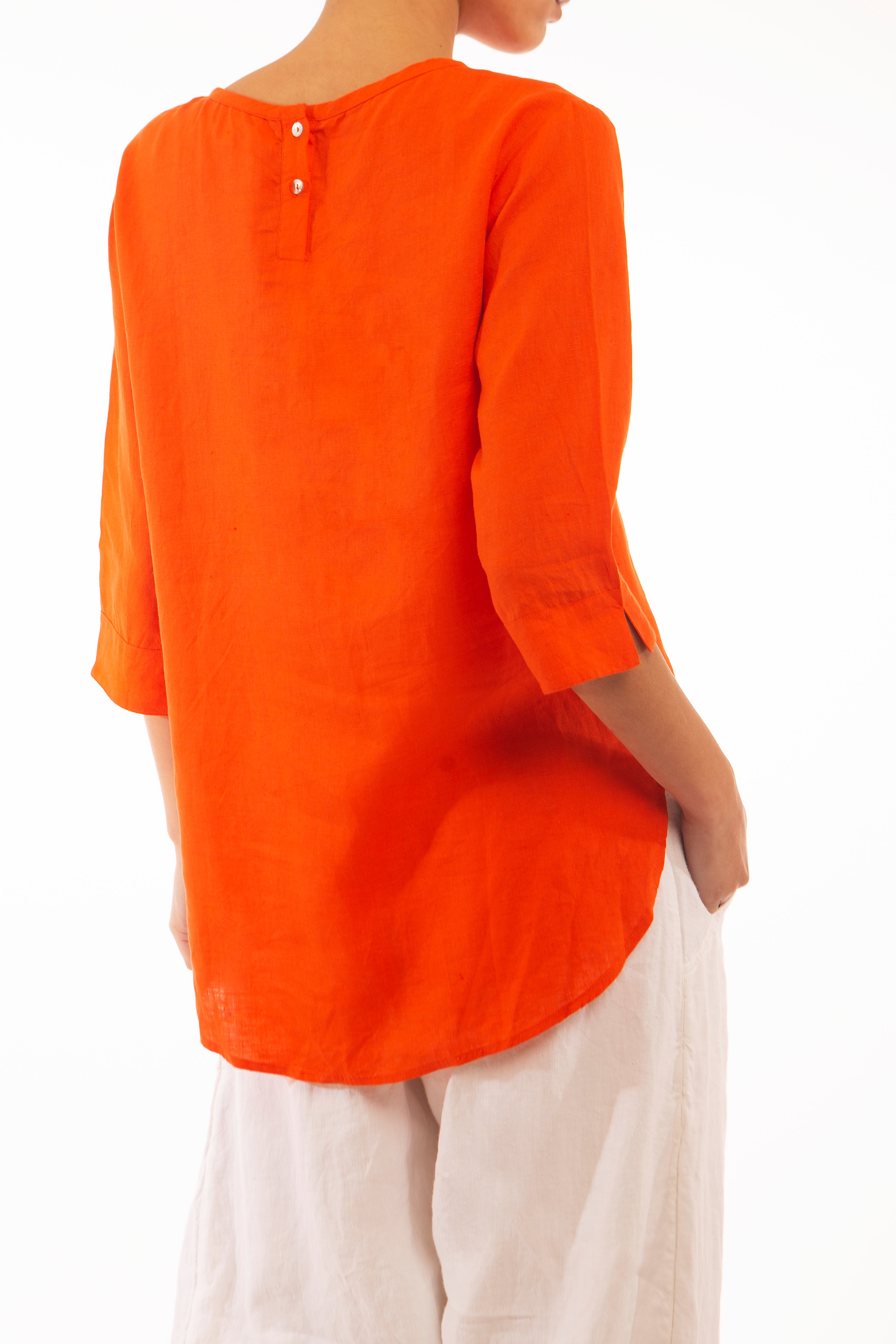 100% linen top, round neck, orange shirt, buttons