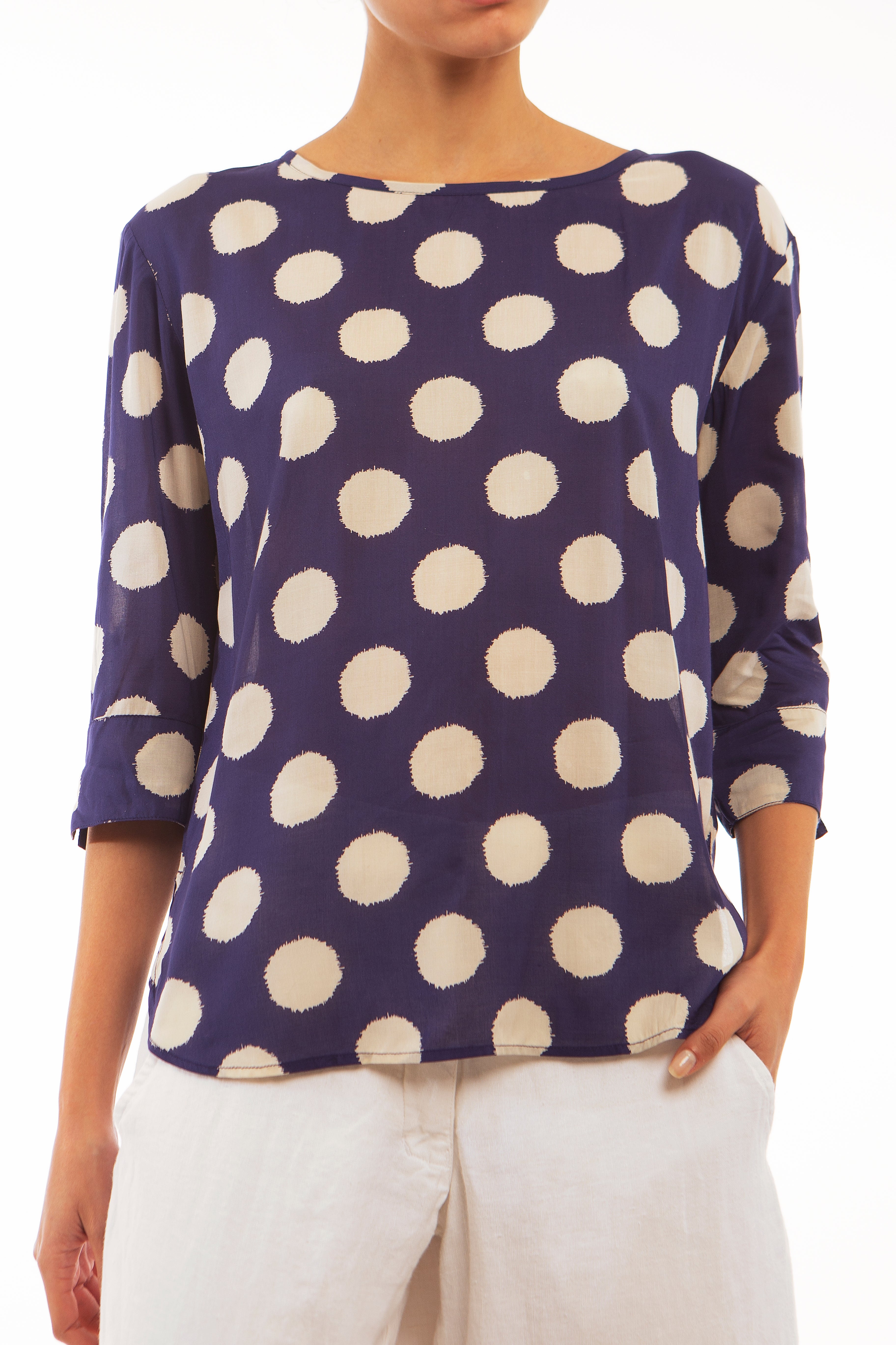 round neck shirt, blue polkadot